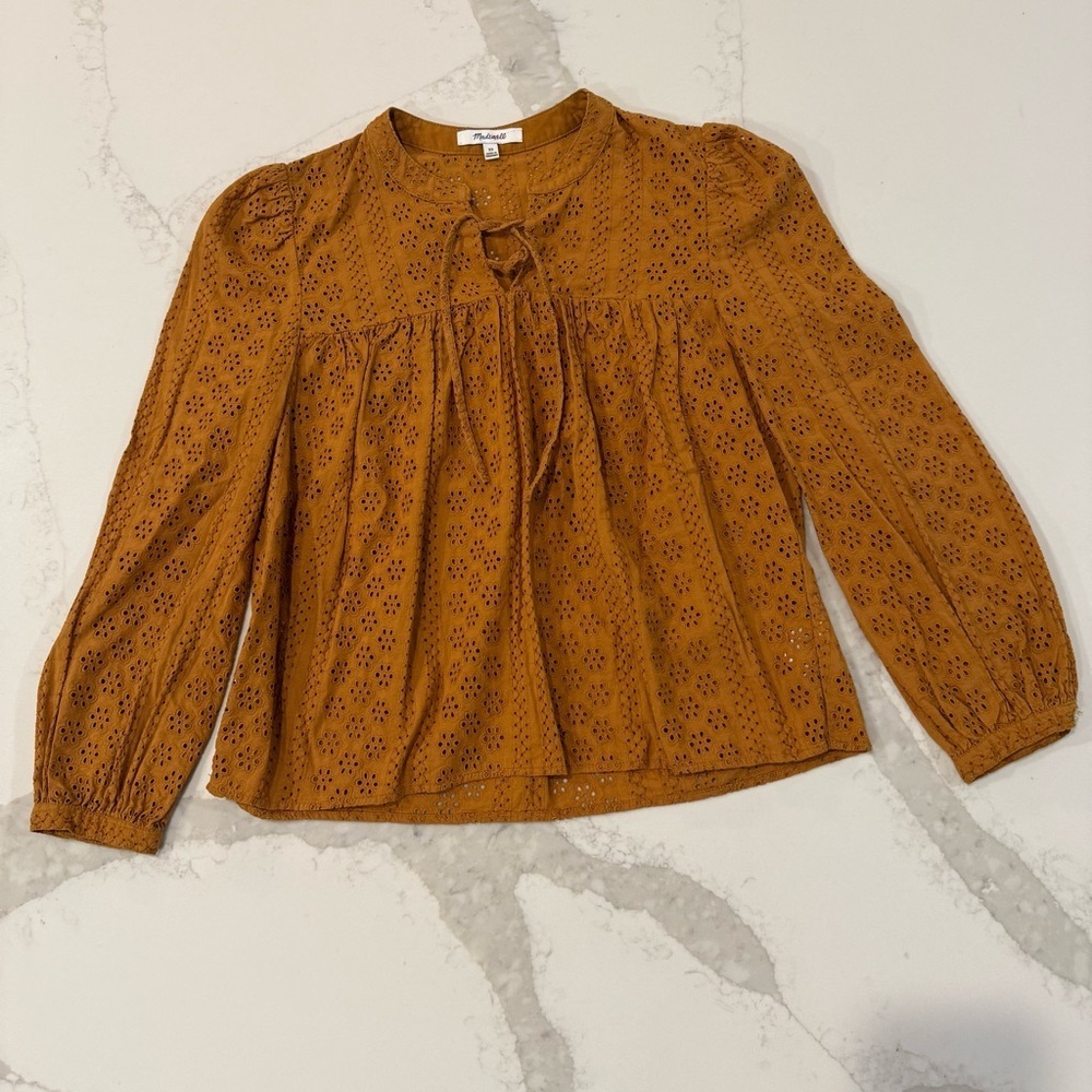 Madewell Eyelet Double Tie Peasant Top Women’s XS Carrot Cake Bohemian Floral